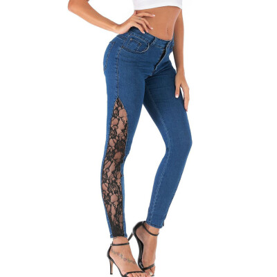 

Gobestart Fashion Women Lace Splice Button Zipper Pocket Trousers Jeans Casual Denim Pants