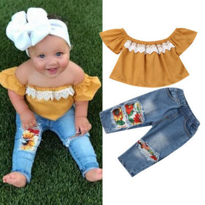 

2PCS Toddler Kids Baby Girls Clothes Off Shoulder Shirt TopsJeans Pants Outfits