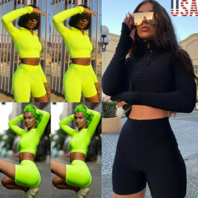 

2PCS Womens Crop Tops Shorts Pants Bodycon Casual Outfit Sportswear Tracksuit