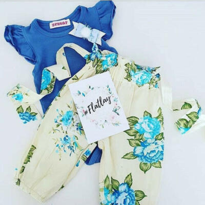

3PCS Newborn Baby Kids Girls Outfit Set Summer Romper Tops Floral Pants Headband
