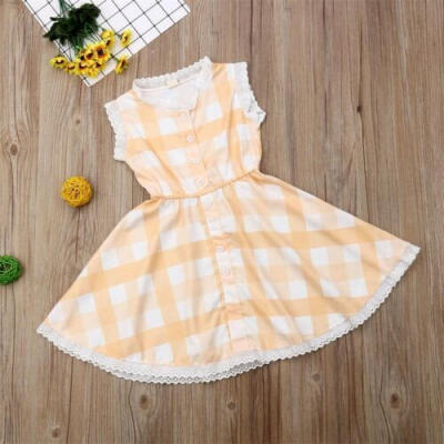 

UK Summer Toddler Baby Gir Kids Party Dress Checked Lace Casual Dresses Clothes