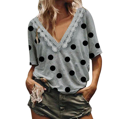 

Womens Polka Dots Casual Lace Baggy Summer V-neck Half Sleeve Tops Blouse Party