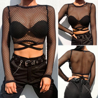 

New Women Mesh Sheer Perspective Long Sleeve Crop Top Party Club T-shirt Outfits