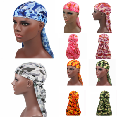 

UK New Durag Headwear Headband Pirate Cap Hat Smooth Silk Cap Camouflage Unisex