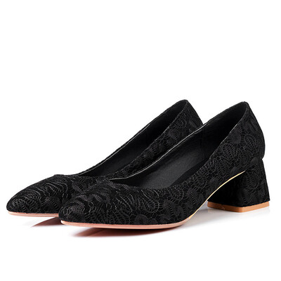 

IDIFU Womens Pointed Toe Pump - Elegant Embroidered Low Cut - Slip on Block Medium Heels Wedding Shoes