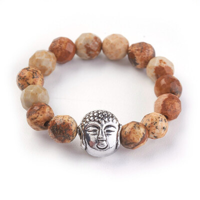 

Natural Picture Jasper Strech Rings with Alloy Buddha Beads Faceted Round Antique Silver Size 8 18mm