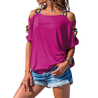 

Solid Color T-shirts Women Summer Hollow Out Cold Shoulder Casual Tops