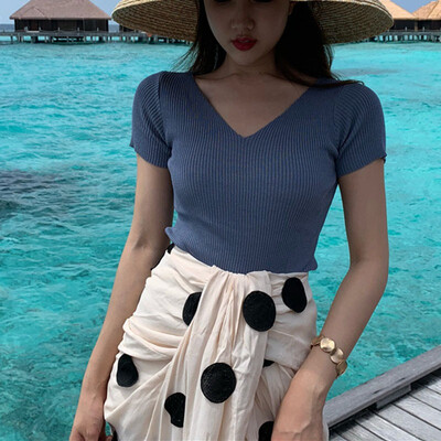 

Korean Version Summer Knitted Short Sleeved T-shirt Chic V Collar Solid Color Slim Simple Casual Tee Shirt