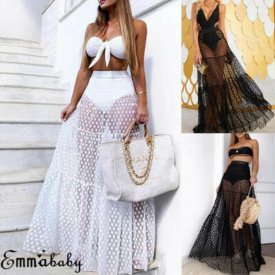 

Sexy Women Ladies Polka Dots Mesh Skirt See-through Beach Wear Long Maxi Dress