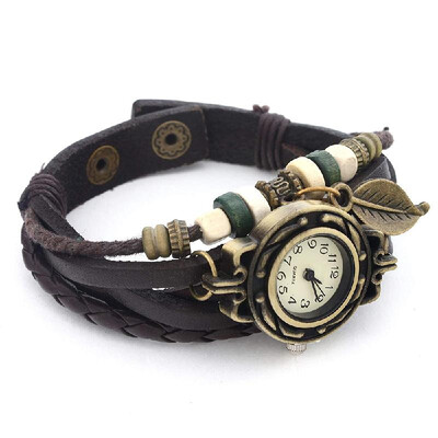 

Leaf Charm Lady Watch Bracelet Vintage PU Leather Strap Wristwatch Hand Knit Retro Quartz Analog Casual Watches