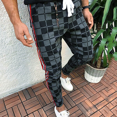

Gobestart Men Lattice Pencil Casual Plaid Drawstring Elastic Waist Long Pants Trousers