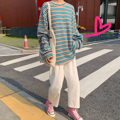 

All-match Women Tshirt Loose Round Neck Autumn Summer Stripes Print Loose Long Sleeve Casual Simple Wild T-Shirt
