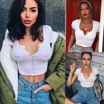 

Sexy Women Short Sleeve Crop Top Button Vest Halter Tank Tops Blouse T-Shirt