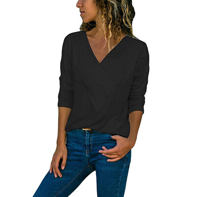 

Nomeni Womens Casual Wrap Front V Neck Long Sleeve Loose Fit Basic Blouse Shirt Tops