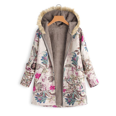 

Toponeto Women Fur Collar Zipper And Velvet Printed Cardigan Long Button Coat Outwear