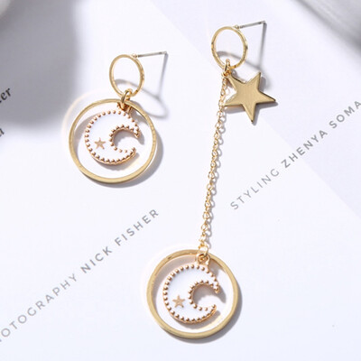 

Enamel Star Moon Dangle Ear Stud Earrings Asymmetric Hook Clip Jewelry Women