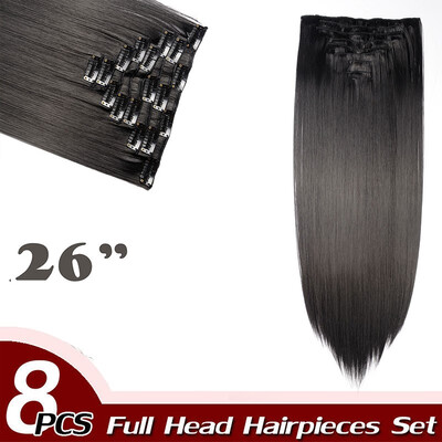 

17" Straight 8 Pcs Full Head Clip in Hair Extensions Synthetic 8 Piece 18 Clips Hairpiece Long Straight for Women