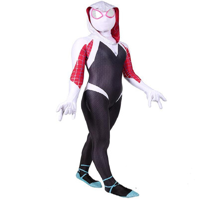 

Kids Halloweens Long Sleeves Hooded Jumpsuit Helmet Set Spider Gwen Turtleneck Full Coverage Bodysuit Cosplay Costumes Rompers Bla