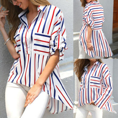 

Womens V Neck Long Sleeve Stripe Loose Tops Casual Irregular Tee Shirt Blouse