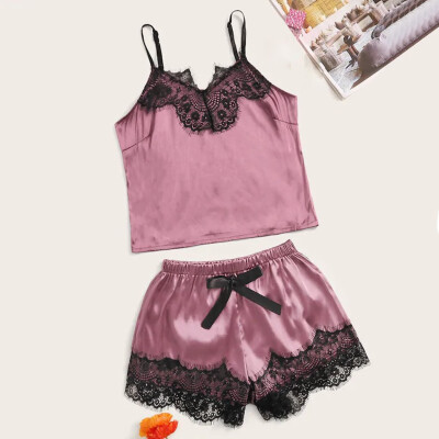 

Gobestart New Women Lace Satin Wireless Bra Camisole Pajamas Sleepwear Bowknot Shorts Set