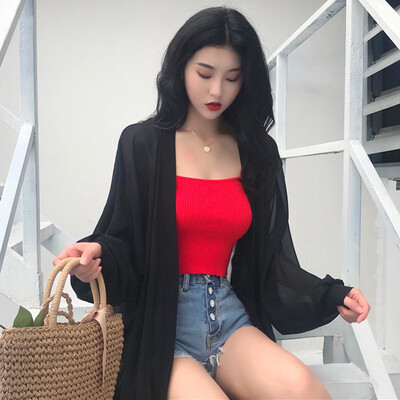 

Chiffon Drawstring Bandage Cover Up Blouse Thin Sunscreen black Loose Casual long Sleeve Open Stitch Shirt Tops Lady