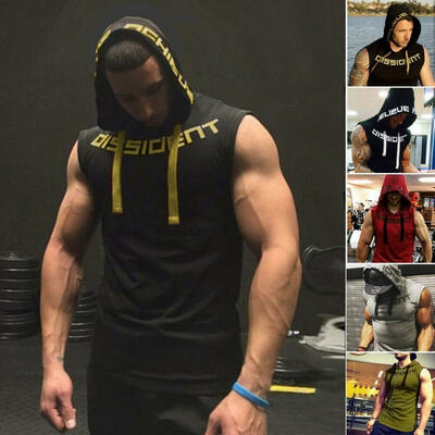 

Men&39s Workout Hooded Tank Tops Bodybuilding Muscle Cut Off T Shirt Sleeveless Gym Hoodies