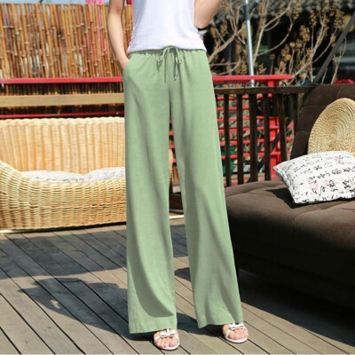 

Women Pure Color Lace Up Tightness Wide Leg Pants Pocket Easy Trousers