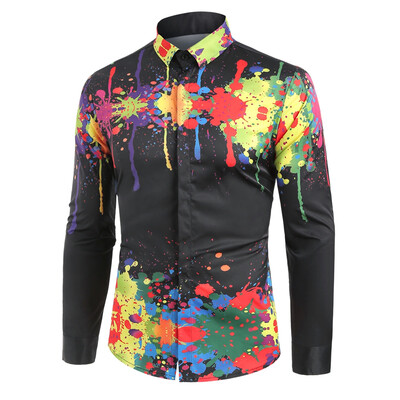 

Colorful Splatter Paint Pattern Turndown Collar Long Sleeve Shirt