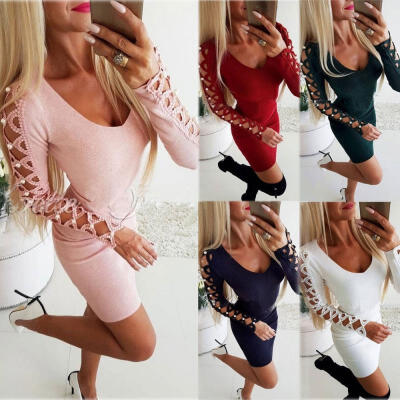 

Womens Long Sleeve Bodycon Ladies Office Work Belt Party Mini Dress Plus Size