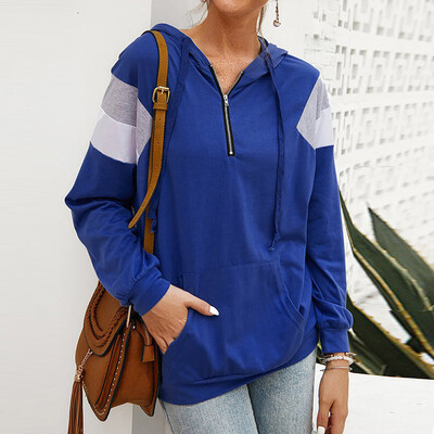 

Gobestart Women Casual Long Sleeve Pocket Zipper Blouse Hooded Patchwork Sweatershirt Tops