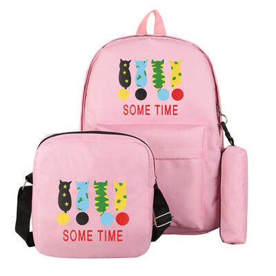 

3pcsSet Women Backpack Girl Cat Print Canvas Composite Crossbody Schoolbag