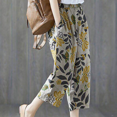 

Tailored Women Print High Waist Cotton And Linen Ankle Length Pants Casual Beach Trousers