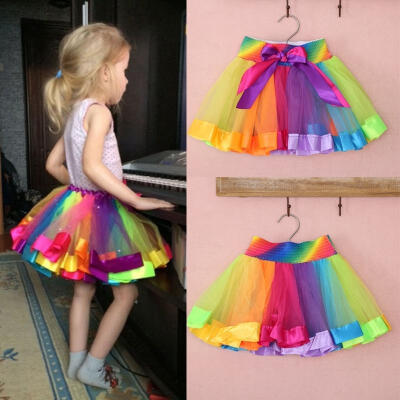 

Kids Baby Dancewear Bowknot Tutu Skirt Girls Rainbow Tulle Tutu Mini Dress 0-8Y