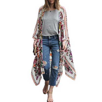 

New Women Chiffon Kimono Cardigan Floral Leopard Print Asymmetric Boho Loose Outerwear Beachwear Bikini Cover Up