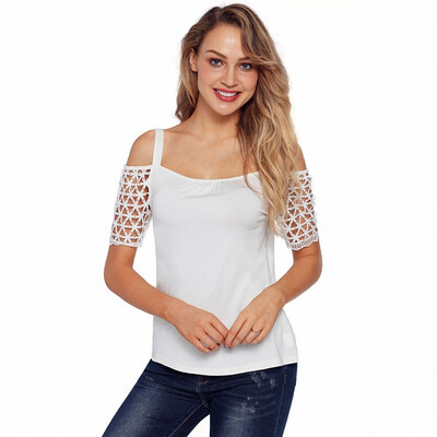 

Solid color collar short-sleeved floral crochet casual top