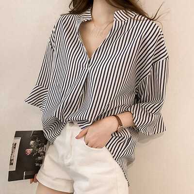 

Starmoon Fashion Women Business Shirt Stripe Printing Three Quarter V-Neck Blouse