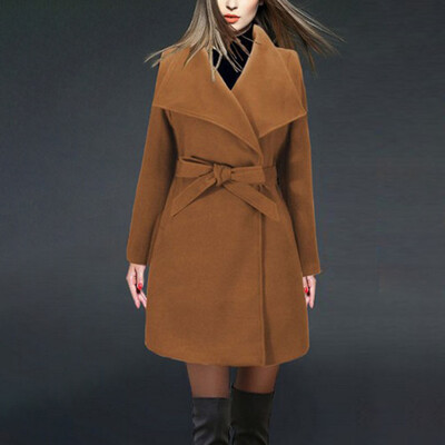 

Ladies Lapel Collar Tie Up Coat Overcoat Tops Long Sleeve Vintage Solid Outwear