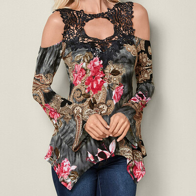 

Nomeni Women Casual Printed Lace Patchwork Flare Sleeve T-Shirt Irregular Hem Blouse