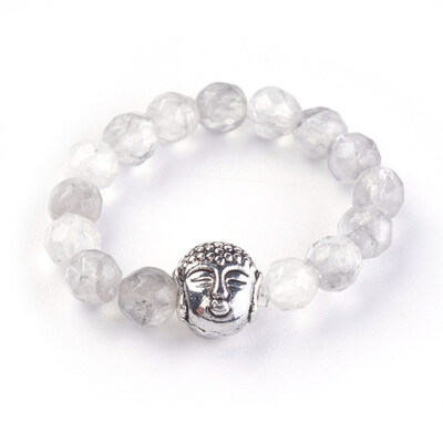 

Natural Cloud Quartz Strech Rings with Alloy Buddha Beads Faceted Round Antique Silver Size 8 18mm