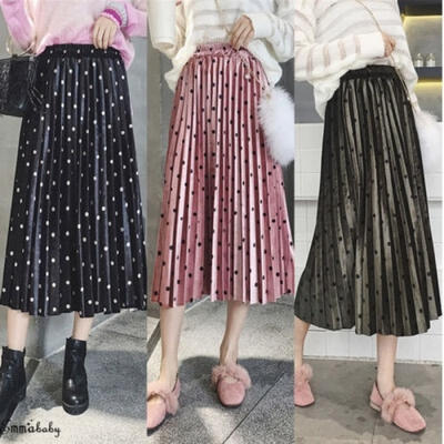 

Fashion High Waist Polka Dots Skirt Women Pleated Retro Long Dress Velvet Fabrics