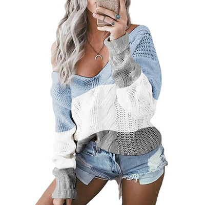 

〖Follure〗Women Casual V-Neck Pullover long Sleeve Patchwork Loose Knitted Sweater Tops