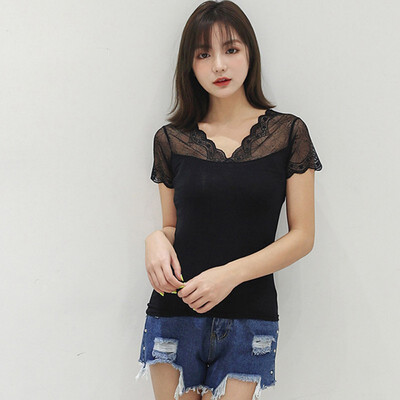 

Women Casual Lace Stitching Simple Slim V-neck Short-Sleeved Bottoming Shirt Wild T-Shirt