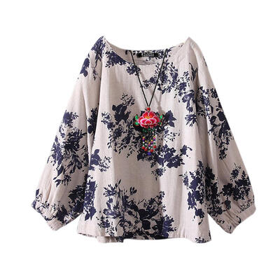 

Women Bohemian Loose Long-Sleeves O-Neck Cotton Floral Print Vintage Tops