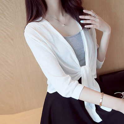 

Womens Summer Loose Simple Casual Solid Color Three Quarter Sleeve T Shirt Comfortable Breathable Thin Knitwear Lace Up T-Shirt