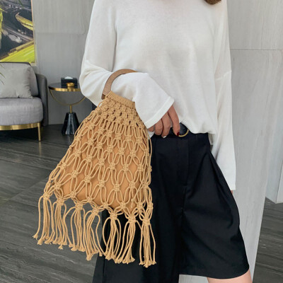 

British new wooden handle portable mosquito net straw bag cotton rope handmade woven bag Sen beach bag