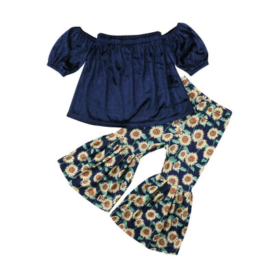 

Toddler Baby Girls Off-shoulder TopsSunflower Printed Loose Pants 2Pcs Clothes