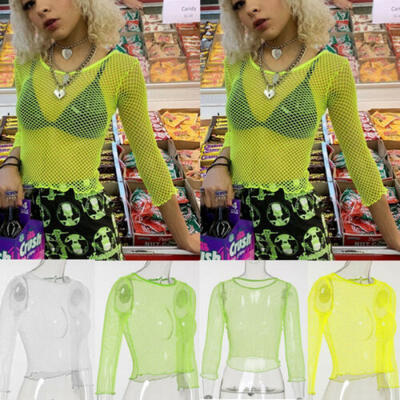 

Women Sheer Mesh Fish Net Short Sleeve Crew Neck See Crop Top T-Shirt Blouse