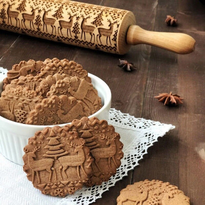 

2 Sizes 35cm 43cm Christmas Embossing Rolling Pin Baking Cookies Biscuit Fondant Cake Dough Engraved Roller Reindeer
