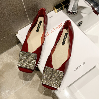 

Student Baitie Single Shoe Women Summer Korean Edition Fashion Square Head Drill Square Button Bean Shoe Working Shoe Tide