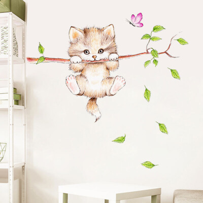 

Siaonvr Cartoon Cat Spring Green Leaf Wall Sticker Bedroom Study Background Wall Sticker